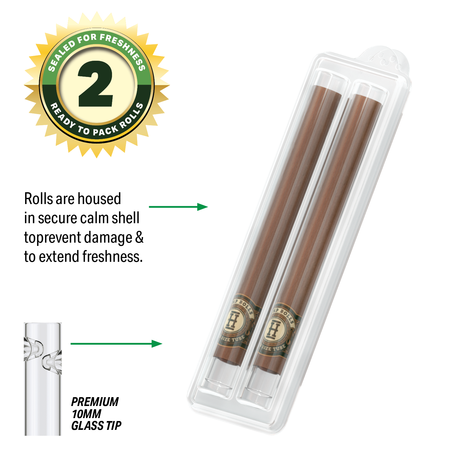 Pre-Rolled 2PK King Size Glass Tipped Hemp Rolls | 12ct Display