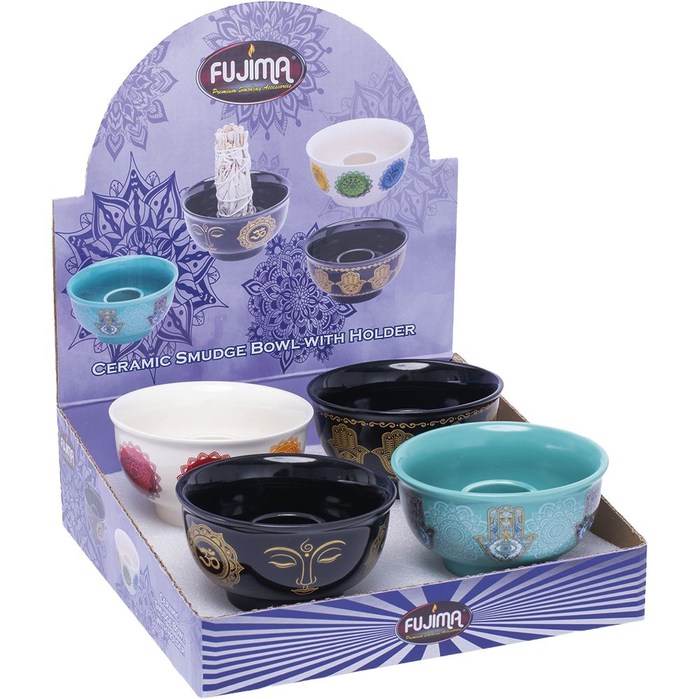 Fujima Ceramic Sage Smudge Bowl with Holder - 2.25" / 4ct